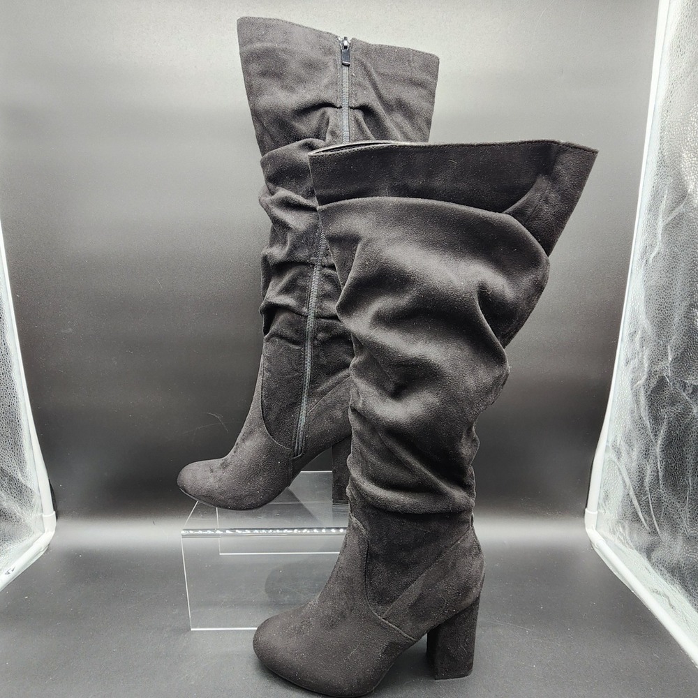 Bamboo 9 Black Suede Slouchy Knee High Block Heel Boots Namaste-32 Gothic Boho